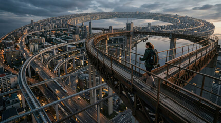 Fototapeta premium Lone Traveler Crosses Futuristic Elevated Highway Overpass at Dusk