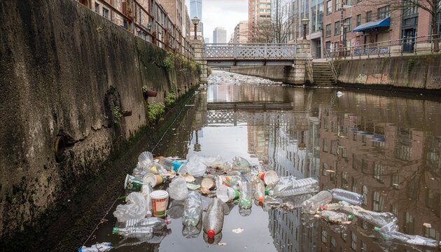Urban canal filled with floating plastic waste.
