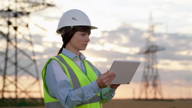 Woman at work in energy, Female engineer using tablet, Field engineer in helmet, Energy worker woman, Utility inspection female, Infrastructure professional woman, Electric grid inspection, Female