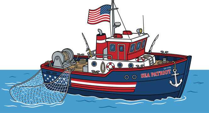 Patriotic fishing trawler boat named sea patriot flying american flag in ocean water cartoon style vector illustration
