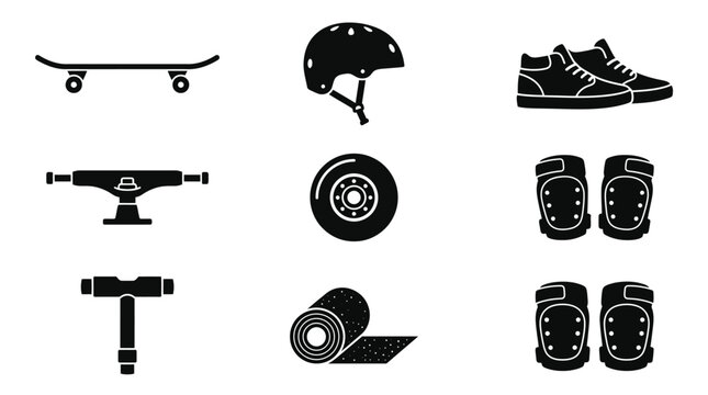 Skateboard deck and protective skating gear black icons.
