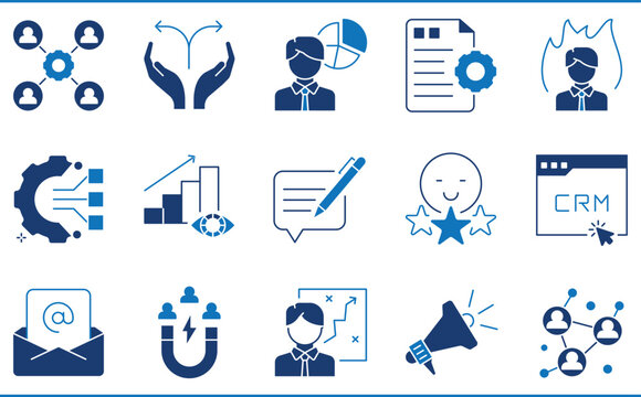 A set of icons related to Customer Relationship Management. Relation, growth, business, vision, feedback, and so on.