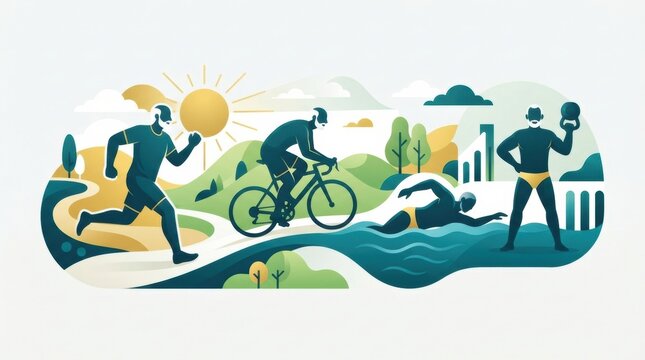 Four adults engage in running, cycling, swimming, and exercising with weights, promoting healthy aging and wellness practices in a vibrant setting.