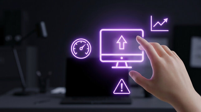 Futuristic digital technology concept with human hand touching neon icons representing software update, speed, and analytics on dark office background