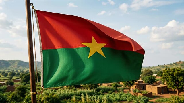 burkina faso flag waving over rural village landscape with red green and yellow star
