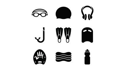 Swimming and aquatic sports equipment icons set on white © Mariah