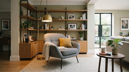 Fototapeta premium Modern Living Room with Grey Armchair and Built in Shelving