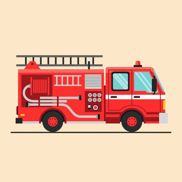 Flat Illustration of a Red Fire Truck with Ladders and Hoses