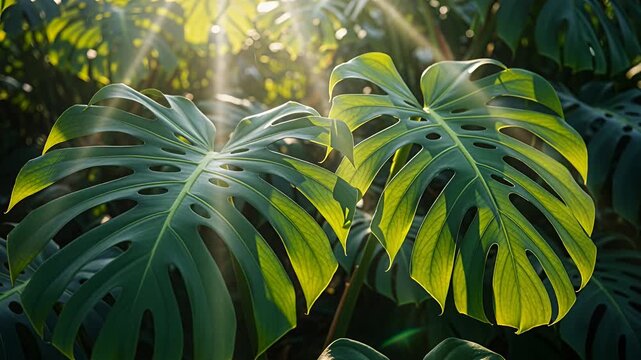 monstera leaves sunlit tropical garden closeup video