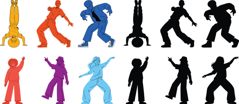 Breakdance and Street Dance Silhouettes Set - Dynamic Human Poses and Acrobatic Moves Vector Illustration in Colorful and Black Outline Styles for Urban Culture Design