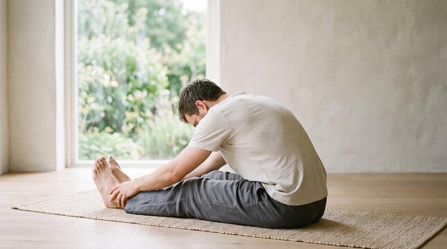 Man Doing Gentle Floor Stretch with Garden View Back View