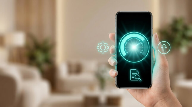 Hand Holding Smartphone Displaying Internet Speed Test Icon with High Performance Meter and Digital Optimization Graphics in Blurred Home Interior
