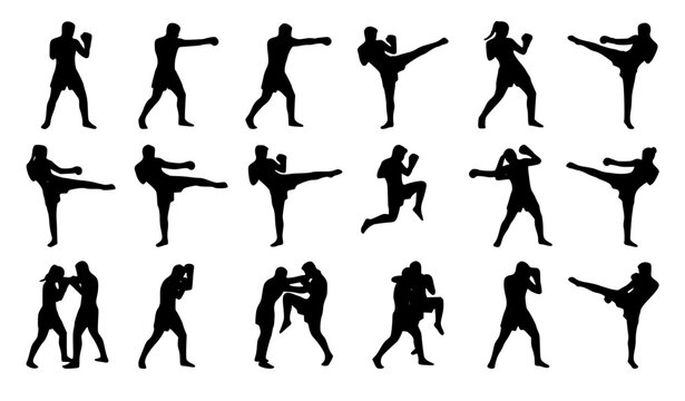 Muay Thai martial arts silhouette bundle with fighter action poses isolated on white background vector illustration