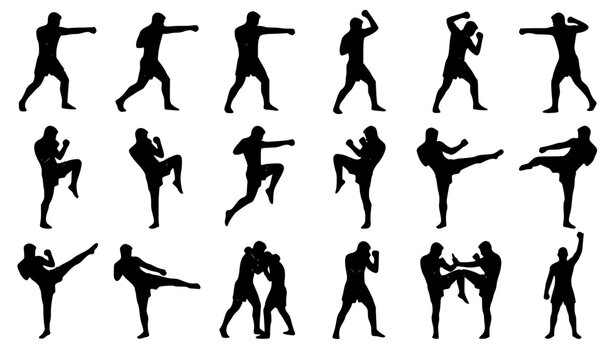 Muay Thai fighter silhouette collection with martial arts action poses isolated on white background vector illustration