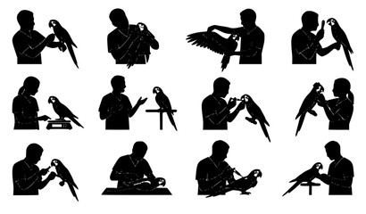 Veterinarian and macaw parrot silhouette collection with exotic bird examination isolated on white background © MstMomena