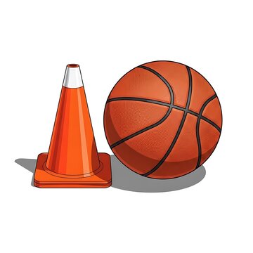 Basketball ball next to orange traffic safety cone with basketball equipment competition training exercise activity physical recreation isolated background illustration