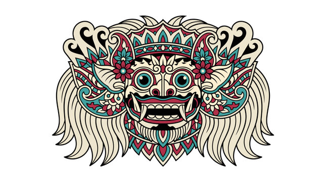 Traditional white and red Balinese Rangda mask illustration.
