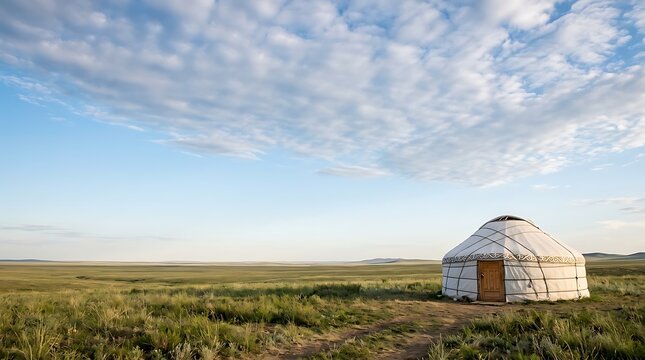 Traditional yurt on a vast grassy steppe under a cloudy sky