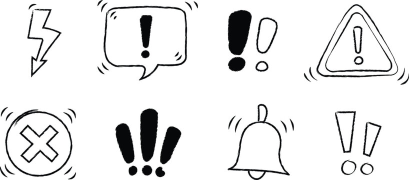 Hand-drawn minimalist icons featuring lightning bolt, warning signs, prohibition symbol, exclamation marks, bell, and
