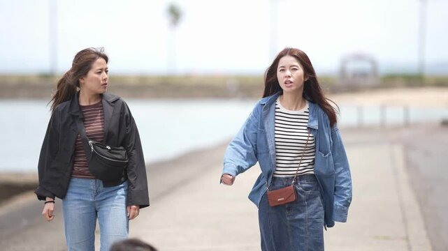 Two women stroll along a coastal path. One wears a black jacket, the other, denim. Wind tousles their hair and loose clothing. Their expressions suggest casual conversation