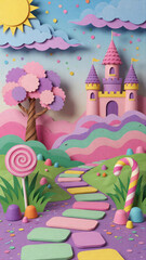 Obraz premium Colorful papercraft diorama of a fun filled dessert kingdom and sugar hills