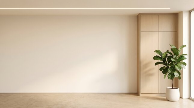 Empty room with beige walls light wood floor to ceiling cabinet and a potted fiddle leaf fig plant in a white ceramic pot under recessed ceiling lighting in a sunlit minimalist interior space