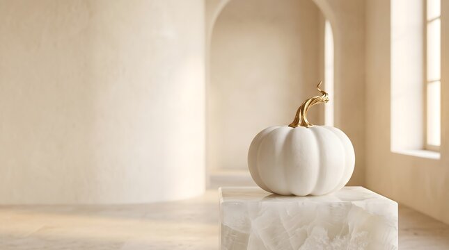 Minimalist white pumpkin with golden stem and leaves on marble block in contemporary architectural interior.