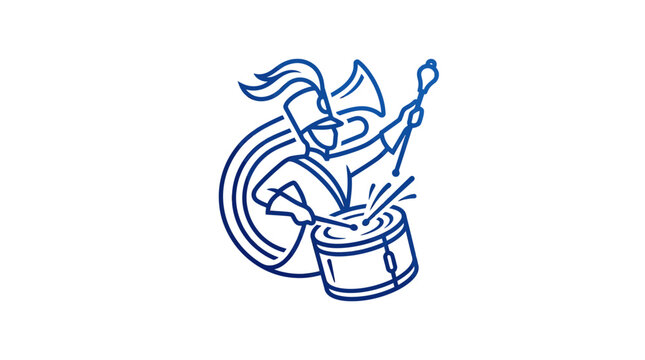 Marching Band Drummer Playing Snare Drum Blue Line Art Illustration
