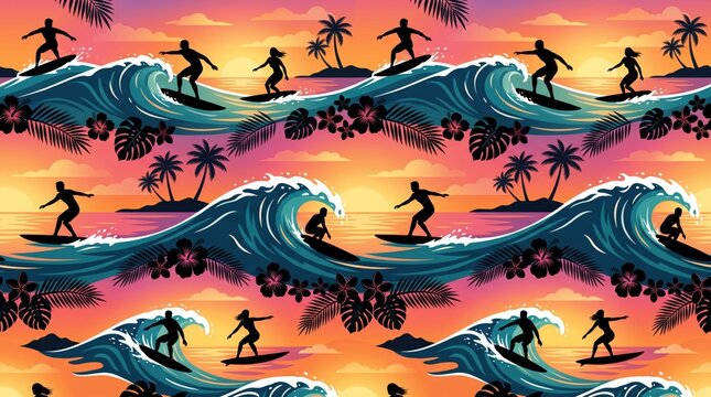 Hawaiian pattern retro surfing silhouette sunset tropical seamless background with hawaiian silhouette tropical seamless