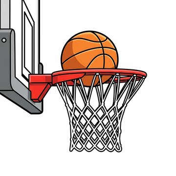 Orange basketball ball sitting inside the net of a red hoop and grey support bracket graphic illustration with white background basketball competition activity athletic equipment