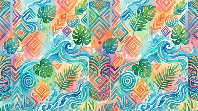 Hawaiian pattern watercolor tiki masks and abstract surf shapes with hawaiian watercolor abstract geometric tropical