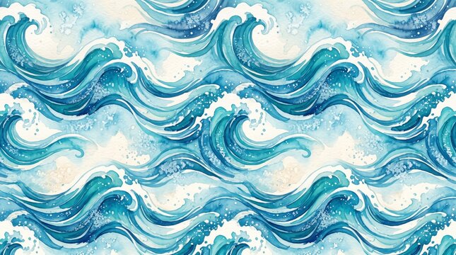 Hawaiian pattern watercolor ocean waves seamless background with watercolor seamless tropical hawaiian background