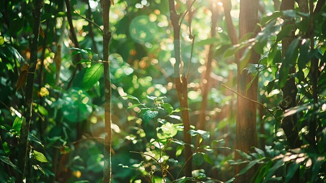 sunlight forest leaves bokeh in lush greenery natural background scene