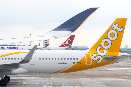 Scoot airplane parks at Ho Chi Minh airport, Vietnam