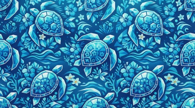Hawaiian pattern deep blue tropical sea turtle background with hibiscus floral elements hawaiian hibiscus tropical