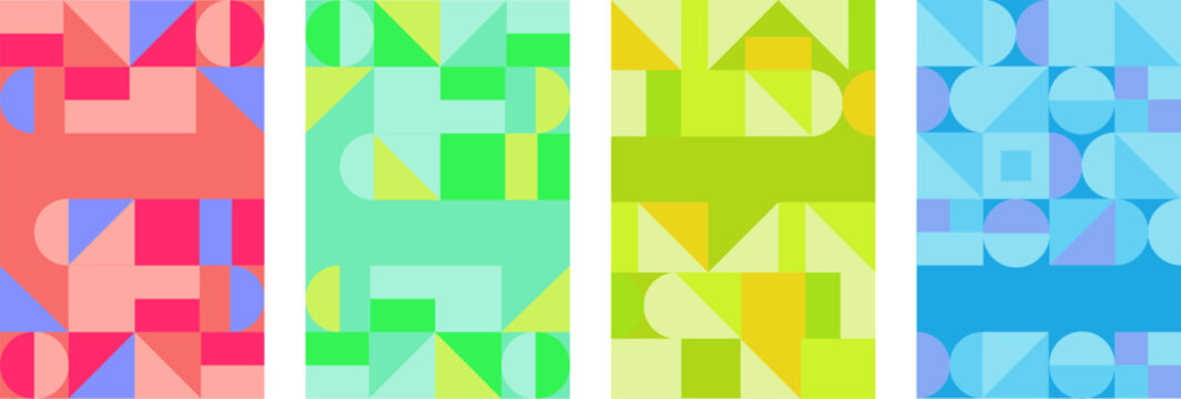 Colorful geometric banner set featuring abstract neon mosaic patterns and vibrant minimalist shape compositions for modern digital backgrounds.
