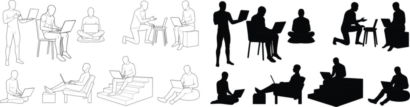 Laptop User Pose Template Collection with Outline Figures and Black Silhouette Character Reference Set