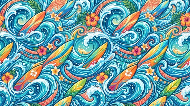 Hawaiian pattern surfboard and tropical wave seamless design with hawaiian surfboard tropical hibiscus plumeria seamless
