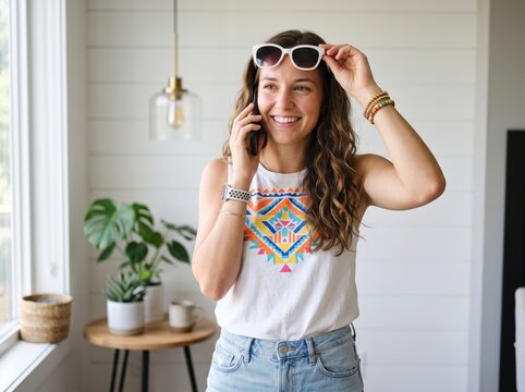 Smiling young woman with long wavy brown hair talking on a smartphone while adjusting white framed sunglasses on her head in a bright room with shiplap walls and a houseplant