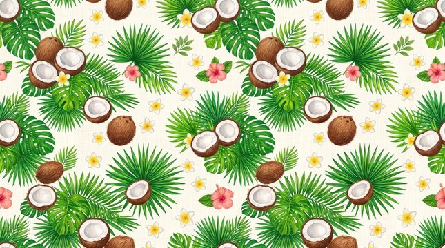 Hawaiian pattern with fresh coconuts tropical leaves and plumeria flowers on white background hawaiian tropical plumeria