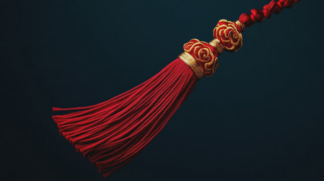 Close up of a traditional Chinese red tassel hanging against a dark background, elegant oriental ornament for Lunar New Year