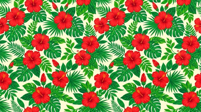 Hawaiian pattern with bright red hibiscus and lush green monstera hawaiian hibiscus monstera tropical seamless paradise
