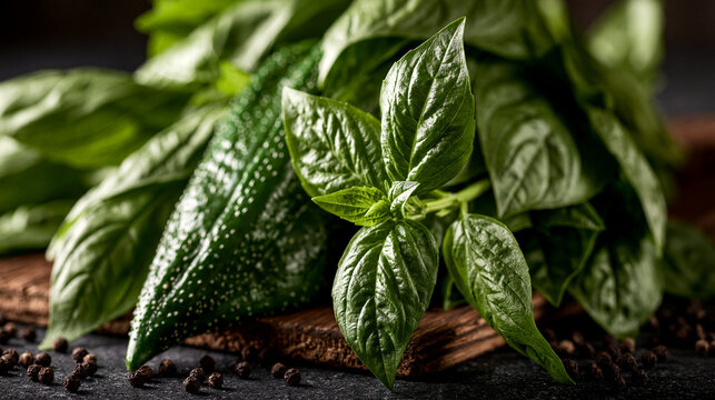 Bunch of fresh aromatic basil leaves and scattered peppercorns with ingredient aromatic seasoning