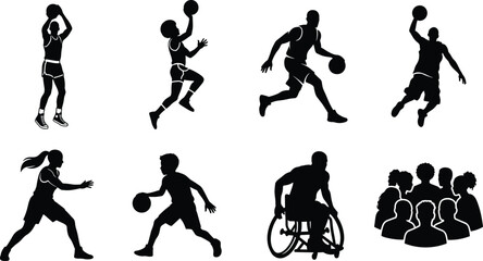 Diverse basketball players vector silhouettes set featuring men women kids wheelchair athlete and team crowd isolated on white background © Rokon