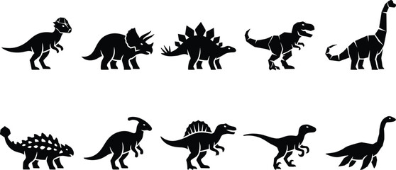 Dinosaur silhouette collection featuring Tyrannosaurus, Triceratops, Stegosaurus, Brachiosaurus, Velociraptor, and other prehistoric species illustrations © Rokon