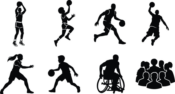 Diverse basketball players vector silhouettes set featuring men women kids wheelchair athlete and team crowd isolated on white background