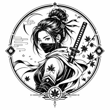 Black and white line art of a female ninja kunoichi with face mask and katana, framed in a decorative circle with maple leaves and Japanese motifs.