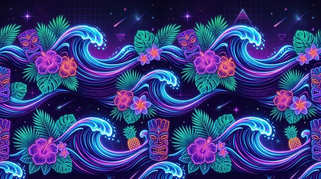 Hawaiian pattern ocean wave and tropical floral neon with hawaiian tropical hibiscus colorful background seamless