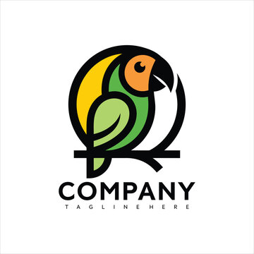 Stylized colorful parrot logo design with a green body, orange face, and yellow wing, sitting on a branch within a circular outline, subtly incorporating the letter Q.