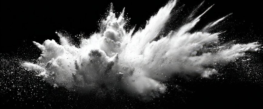 Violent white powder blast creating dynamic cloud with explosion abstract isolated particle particulate whiteness fragment highspeed momentum splatter volcanic